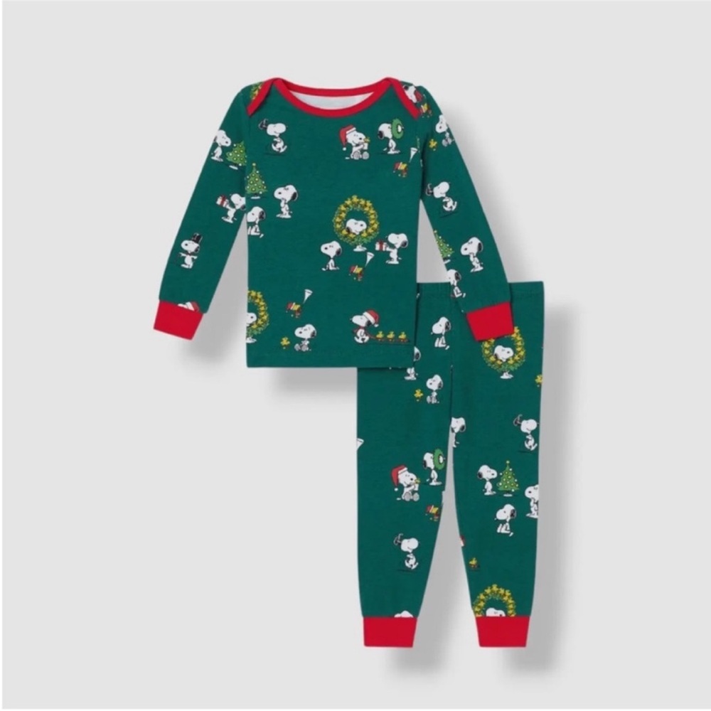 BedHead X Peanuts Green Red Cotton Joyful Snoopy Baby Holiday Pajamas 9-12M